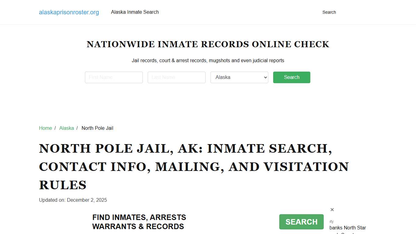 North Pole Jail, AK Inmate Search, Mailing and Visitation Rules