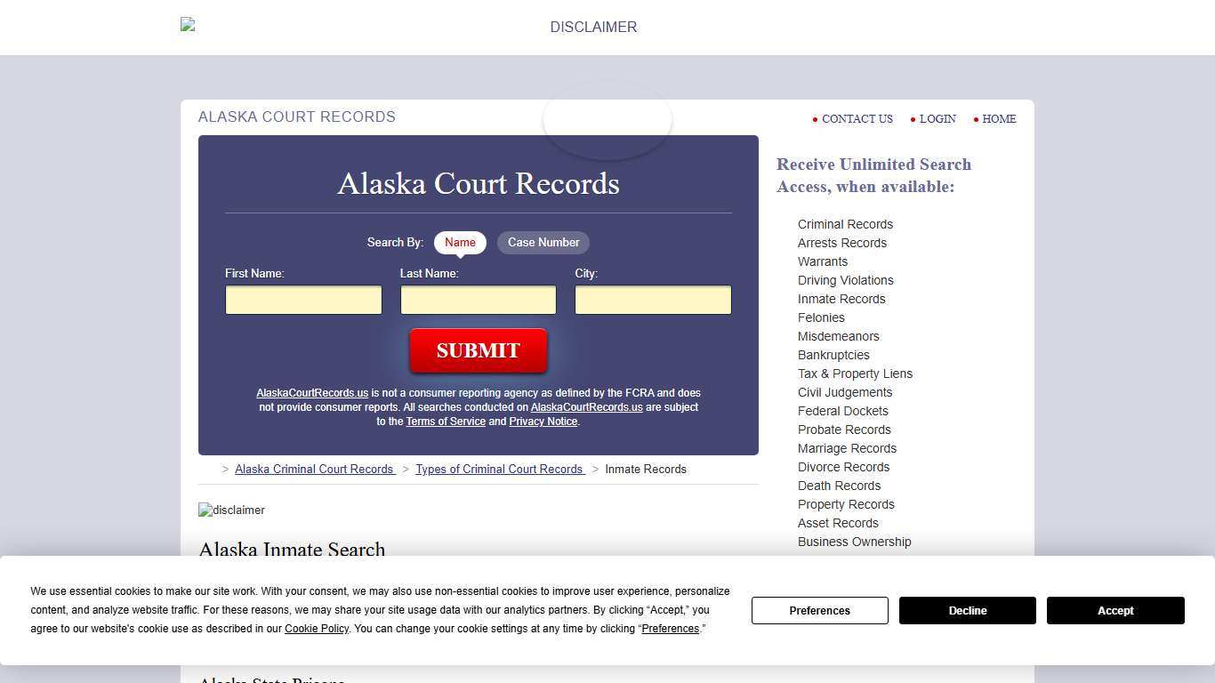 Alaska Inmate Search AlaskaCourtRecords.us